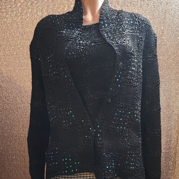 Sweaters - Black Sequins Two Piece Set: Shirt & Sweater/ Blazer/Jacket